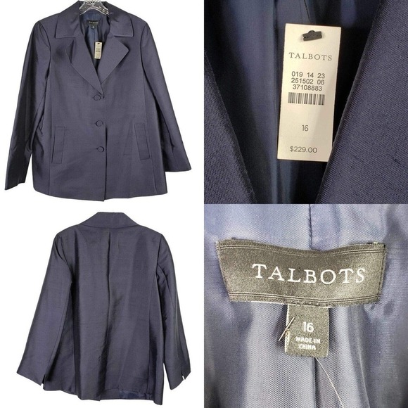 Talbots Blazer Women's Plus Size 16 Blue Dupioni Silk Wool Pockets Jacket New - Picture 1 of 8